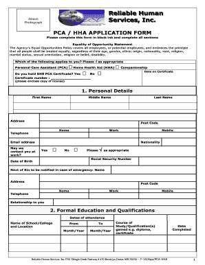 PCA HHA Application Form