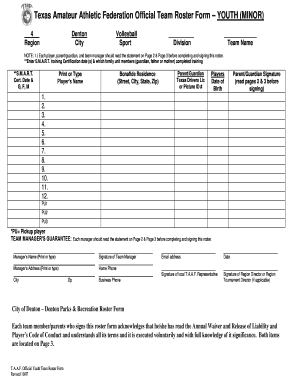 Texas Amateur Athletic Federation Youth Team Roster Form