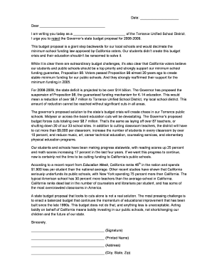 Letter to Reject Governor's Budget Proposal
