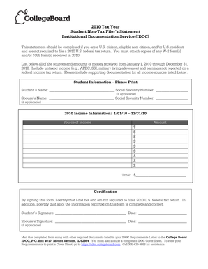 2010 Student Non-Tax Filer's Statement