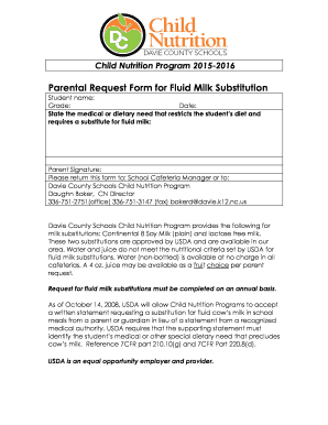Child Nutrition Program Milk Substitution Request Form