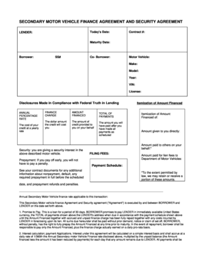 Security agreement form for vehicle - SECONDARY MOTOR VEHICLE FINANCE AGREEMENT AND SECURITY