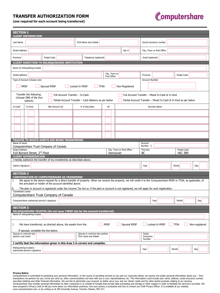 Fillable Online Transfer Authorization Form Computershare Fax Email