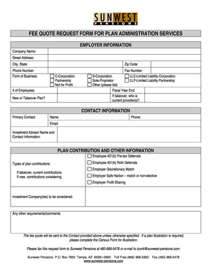 Fee Quote Request Form for Plan Administration Services