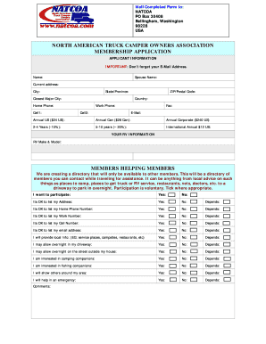 North American Truck Camper Owners Association Membership Application