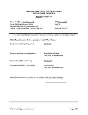 Irrevocable trust form 1041 - West Virginia Department of Education August 2008 INDIVIDUALIZED EDUCATION PROGRAM (IEP) TEAM MEMBER EXCUSAL(S) Kanawha County Schools Students Full Name John