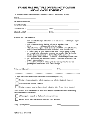 Fannie Mae Multiple Offers Notification and Acknowledgement