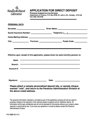 Pension Direct Deposit Application