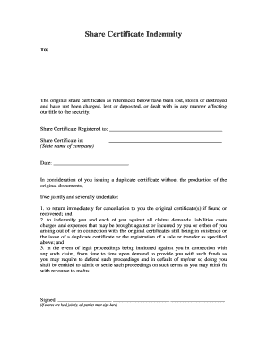 Share Certificate Indemnity