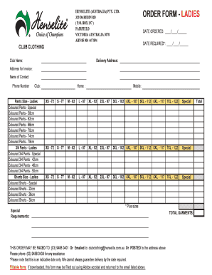 Henselite Australia Ladies Club Clothing Order Form