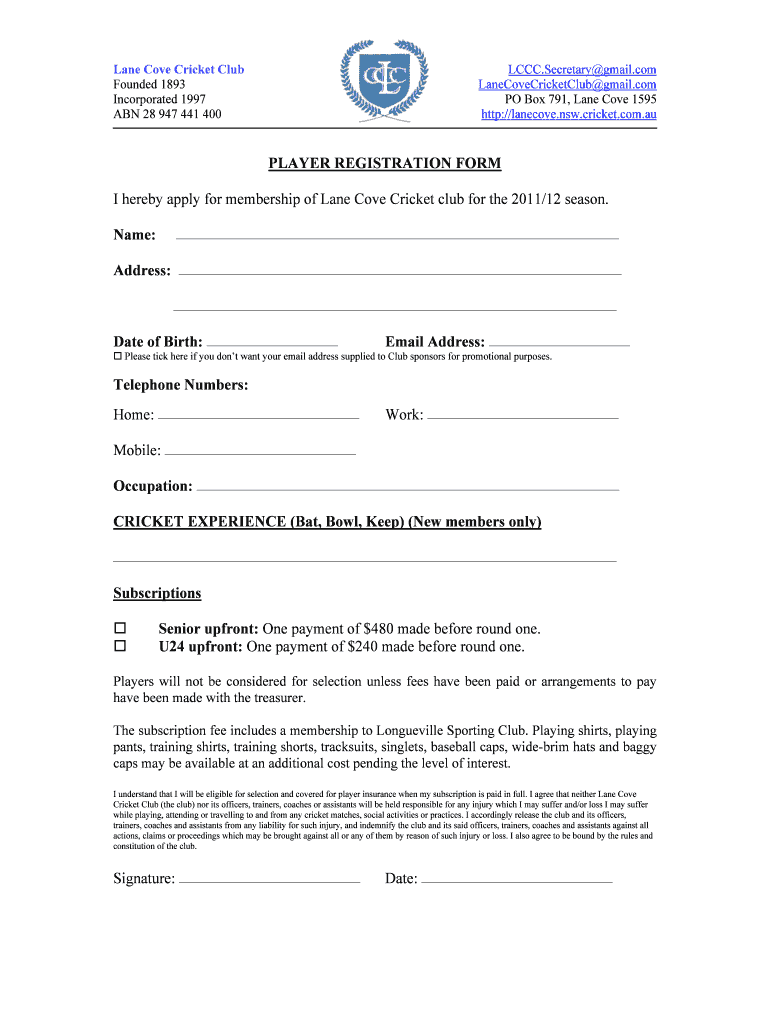 Fillable Online PLAYER REGISTRATION FORM Lane Cove Cricket Fax Email