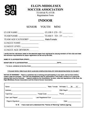 Elgin-Middlesex Soccer Association Team Player Registration Form