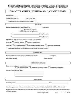 South Carolina Tuition Grant Transfer Withdrawal Change Form
