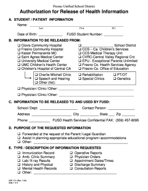 Fresno Unified School District Authorization for Release of Health Information