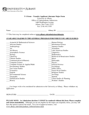 University at Albany Transfer Applicant Alternate Major Form