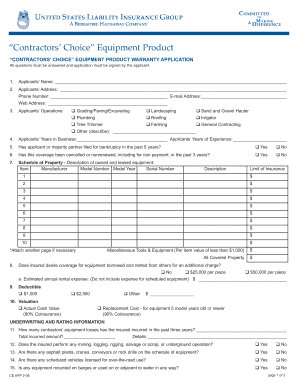 Contractors' Choice Equipment Product Warranty Application