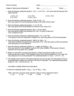 Honors Chemistry Stoichiometry Worksheet