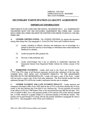 SBA Form 1086 Secondary Participation Guaranty Agreement