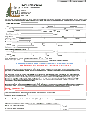 Health History Form for Camp Attendance