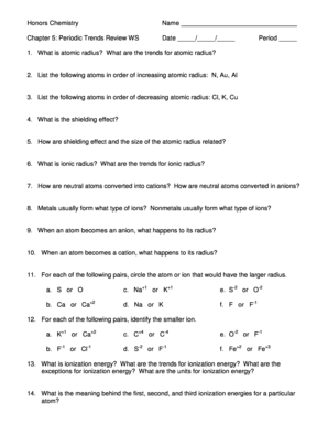 Most electronegative element list - Honors Chemistry Name Chapter 5 Periodic Trends Review WS