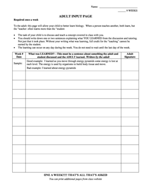 Adult Input Page for Biology Learning