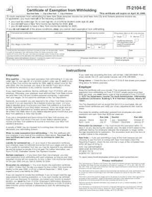 New York State Certificate of Exemption from Withholding IT-2104-E