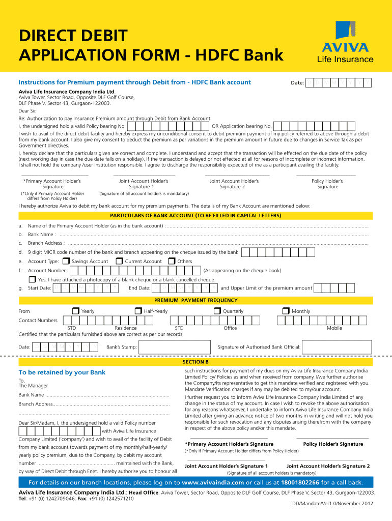 Fillable Online DIreCt DeBIt aPPlICatIon Form HDFC Bank Fax Email