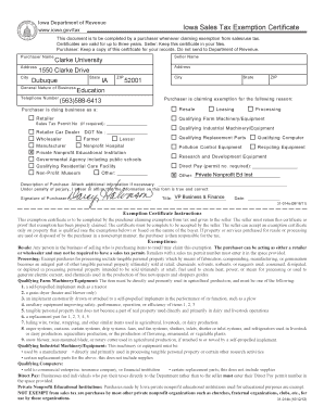 Iowa Sales Tax Exemption Certificate