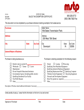 Iowa Sales Tax Exemption Certificate