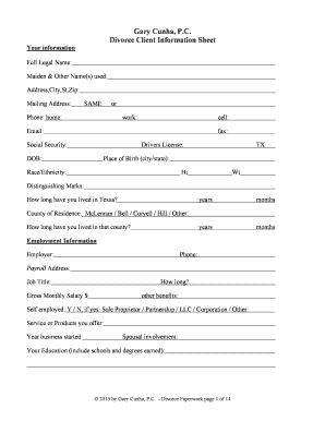 Texas Divorce Client Information Sheet