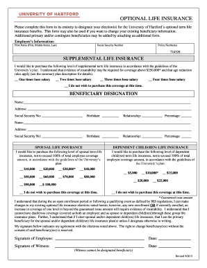 University of Hartford Optional Life Insurance Form