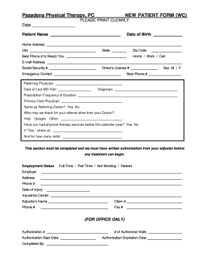 Pasadena Physical Therapy New Patient Form (WC)