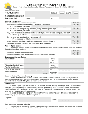Oaklands Outdoor Education Centre Consent Form