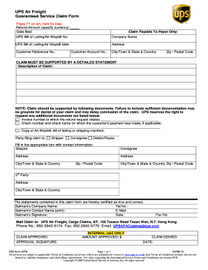 UPS Air Freight Guaranteed Service Claim Form