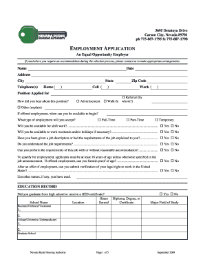 Nevada Rural Housing Authority Employment Application