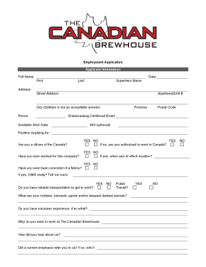 The Canadian Brewhouse Employment Application Form