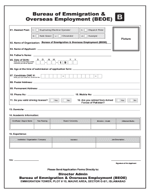Bureau of Emmigration Job Application Form