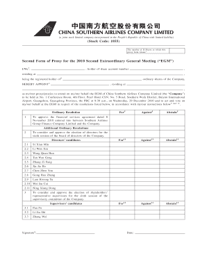 Proxy Form for China Southern Airlines EGM