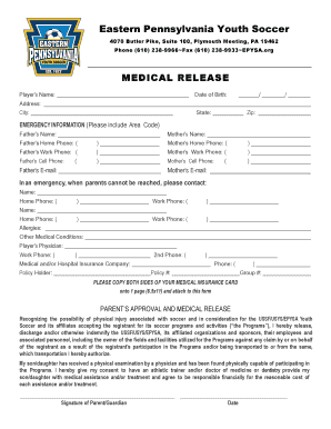 Medical Release Form for Youth Soccer