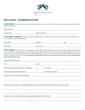 Math Teacher Recommendation Form