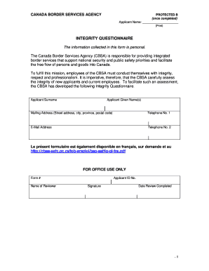 Canada Border Services Agency Integrity Questionnaire