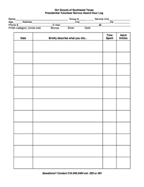 Girl Scouts Presidential Volunteer Service Award Hour Log