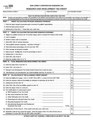 New Jersey Corporation Business Tax Form 306