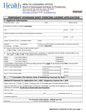 Temporary Standard Body Piercing License Application