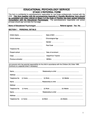 Stage 3 Referral Form for Educational Psychology Service