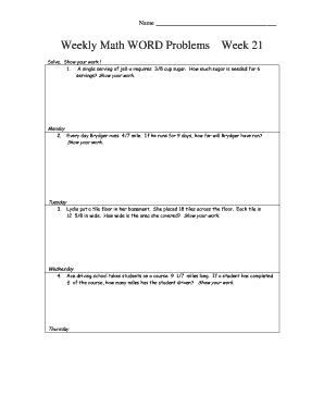 Weekly Math Word Problems Worksheet