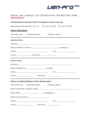 Repair and Storage Lien Registration Form