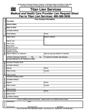 Medical and Health Care Provider Lien Request Sheet