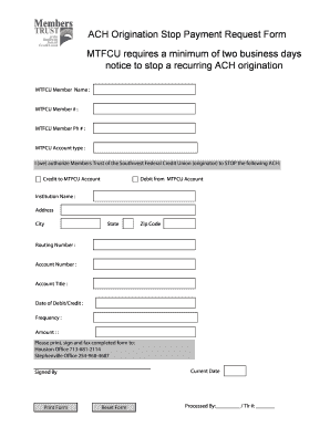 ACH Origination Stop Payment Request Form