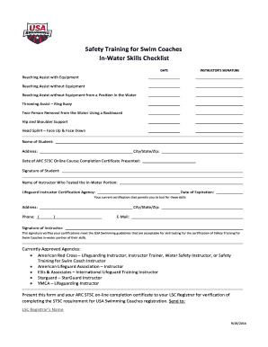 Safety Training for Swim Coaches In-Water Skills Checklist